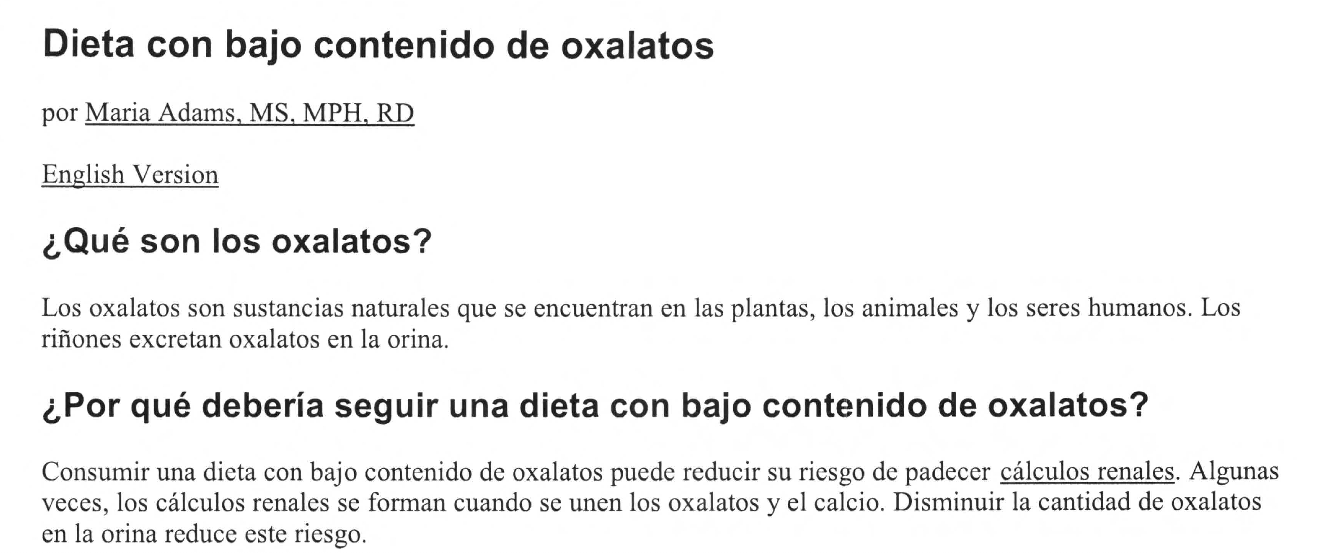 Dieta con bajo contenido de oxalatos 